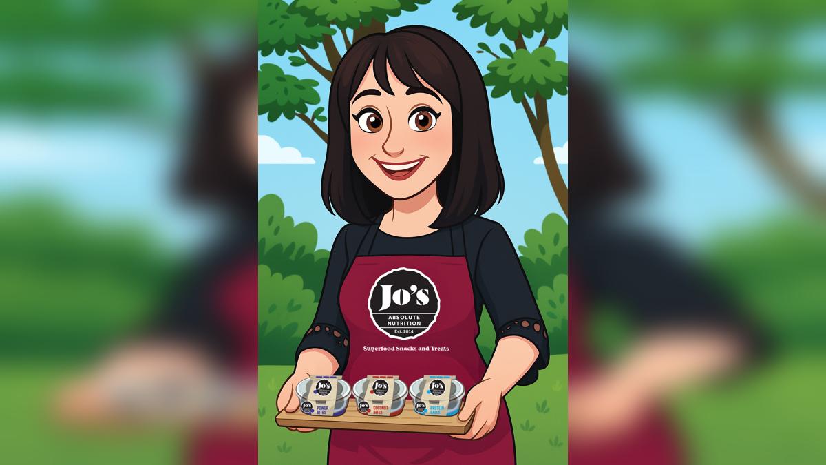 Cartoon woman holding Jo's Absolute Nutrition healthy snack products